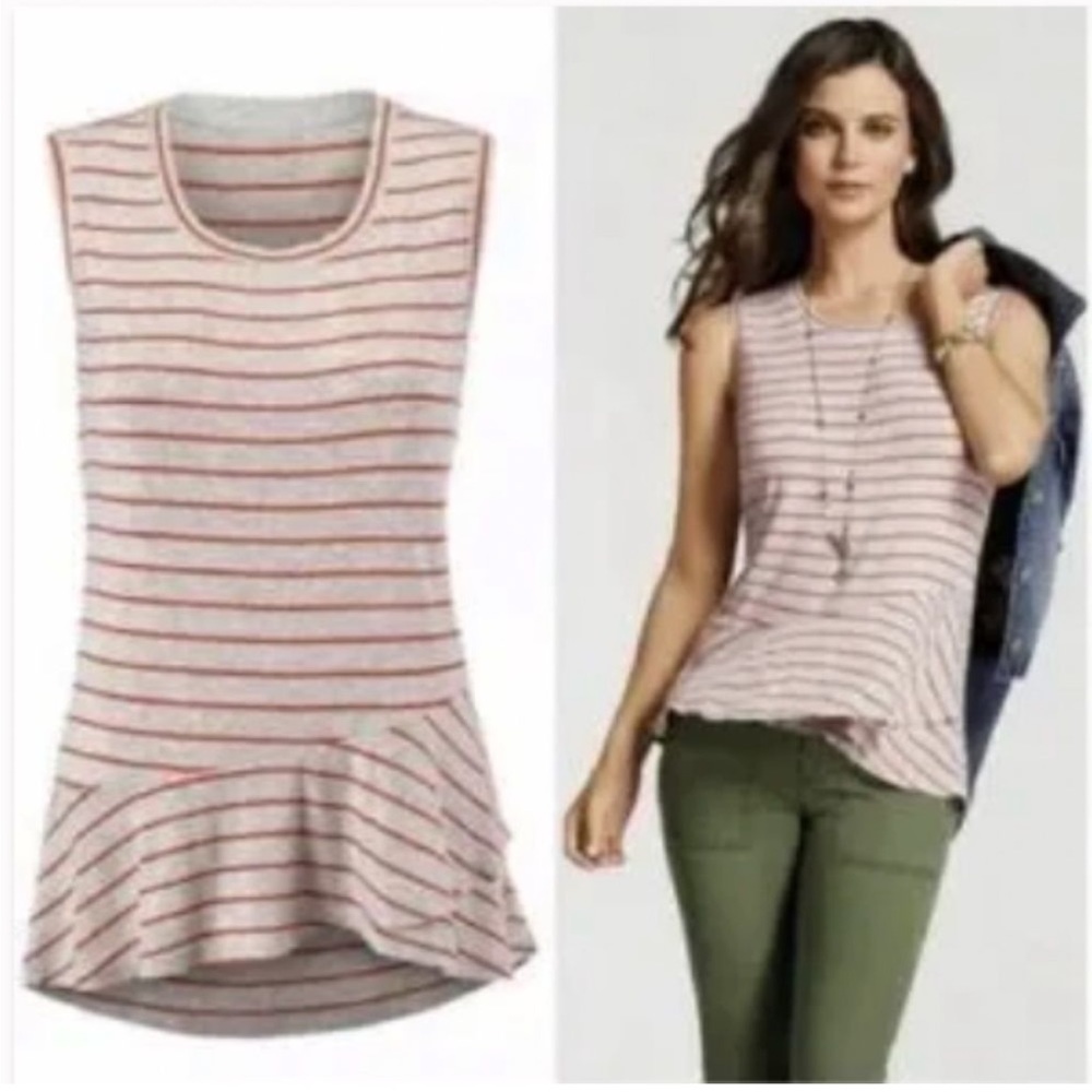 Cabi Gray Grey Orange Stripe Peplum Ruffle Tank Shirt Sleeveless Top 533 Sz S - Picture 3 of 7
